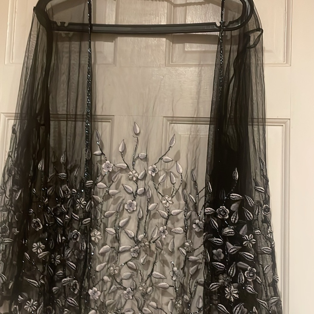 Black Sheer Embroidered Stole - Picture 2 of 6